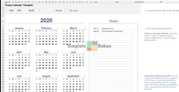 Yearly Calendar Landscape With Notes Light Theme